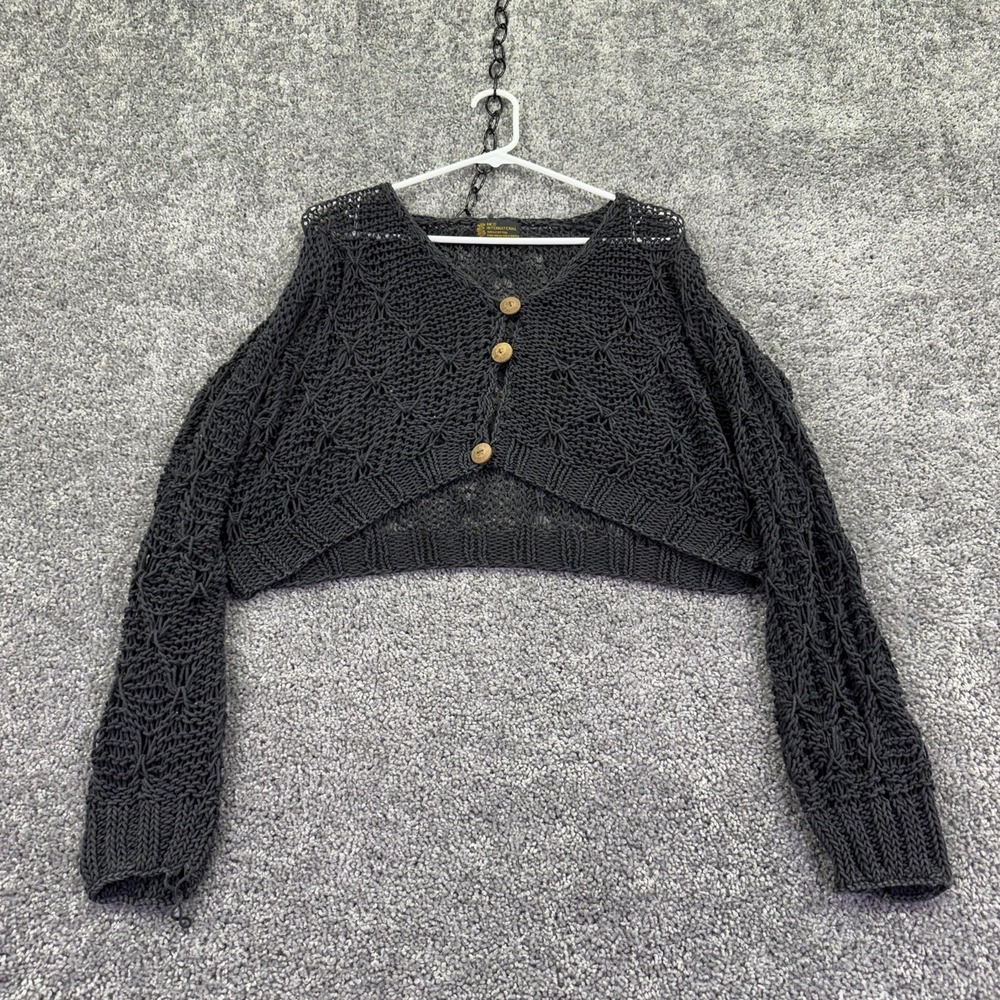 Rico International Sweater Cardigan Womens Gray Cropped Open Knit Shrug
